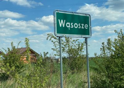 Znak drogowy - zielona tablica, a na niej nazwa "Wąsosze"