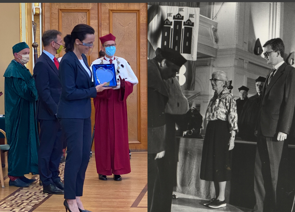 Po lewej stronie kolorowe zdjęcie kobiety, która trzyma szklane serce - nagrodę, w tle widać mężczyznę w czerwonej todze i gronostajach. Po prawej stronie czarno biała fotografia, na której widać starszą kobietę i młodego mężczyznę w garniturze - przygotowują się do odebrania nagrody na uczelni wyższej.